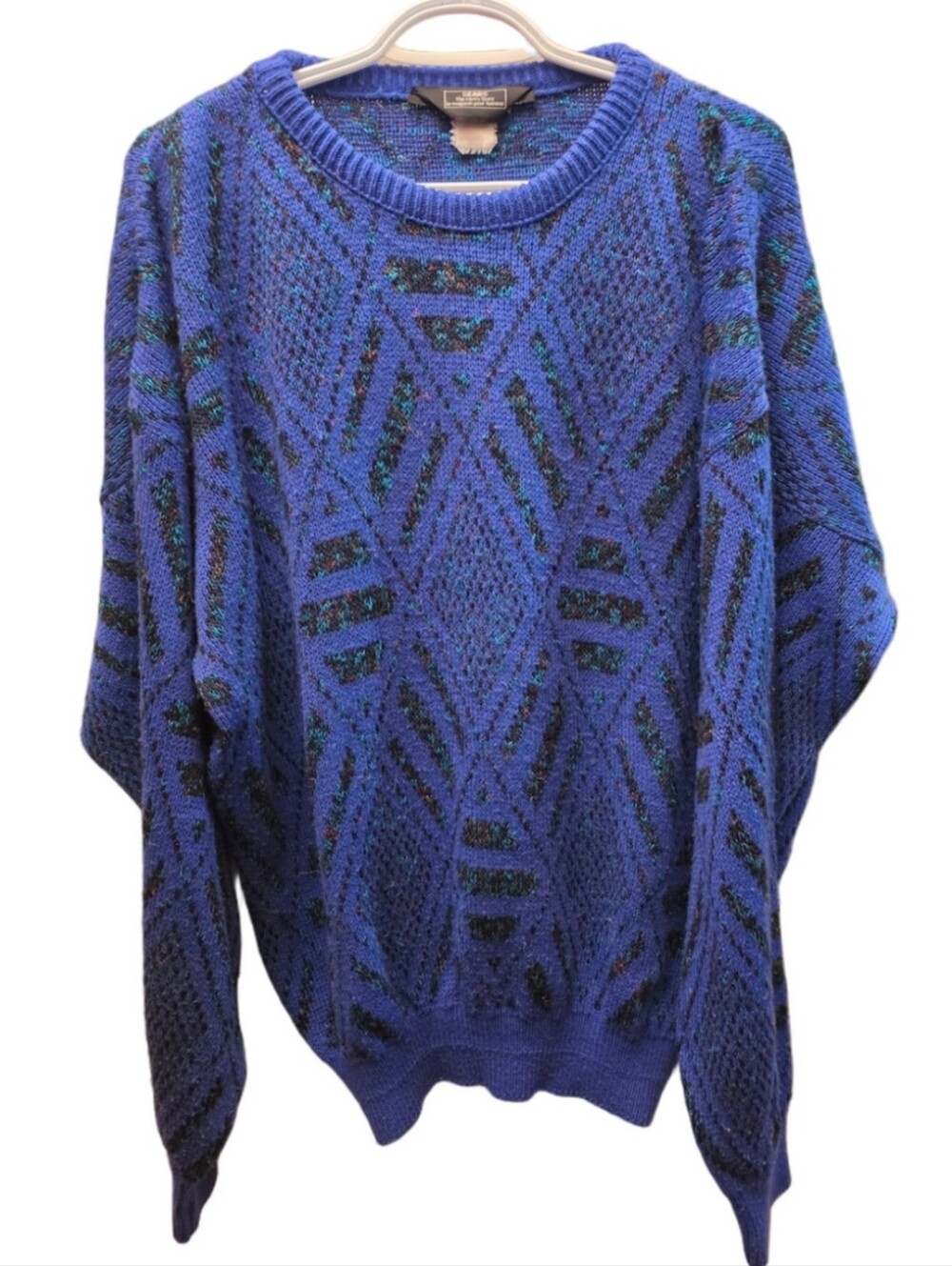 Vintage 90s Blue Geometric Abstract Knit Sweater Oversized Grandpa XL